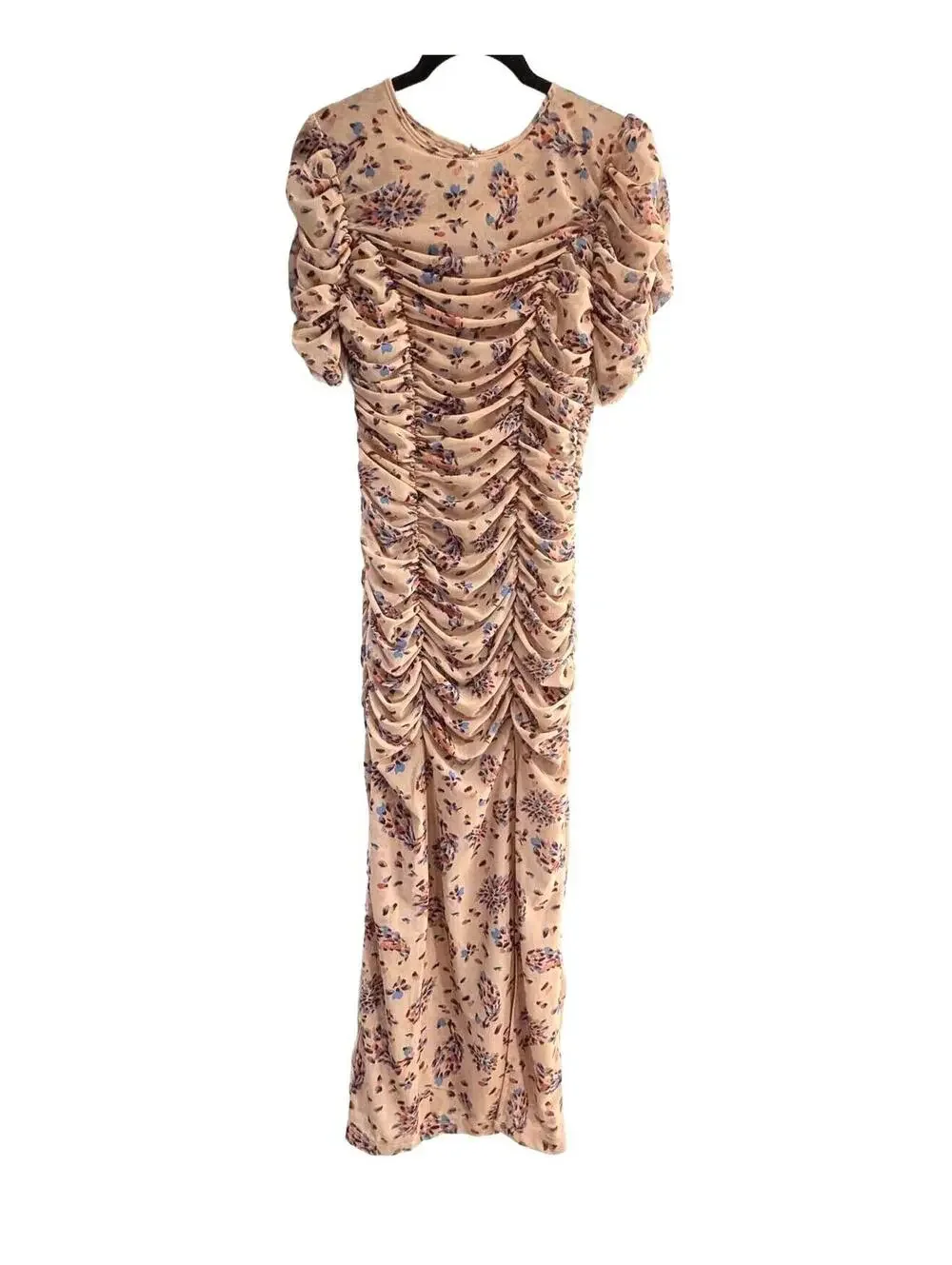 NEW! Free People Briella Ruched Midi Dress‎ Floral Tea Combo Puff Sleeve Size XS